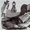 Black-and-white print of a dozing man with alarm clock