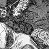 Detail from an engraving. The engraving shows a man asleep at a desk with dreamy owls swarming around his shoulders.