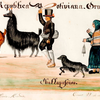 Gouache showing traditionally-dressed people whipping llamas